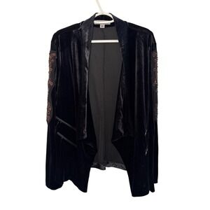 Ruff‎ Hewn Grey Black Velvet Open Front Cardigan Jacket XL Embroidered Sequins